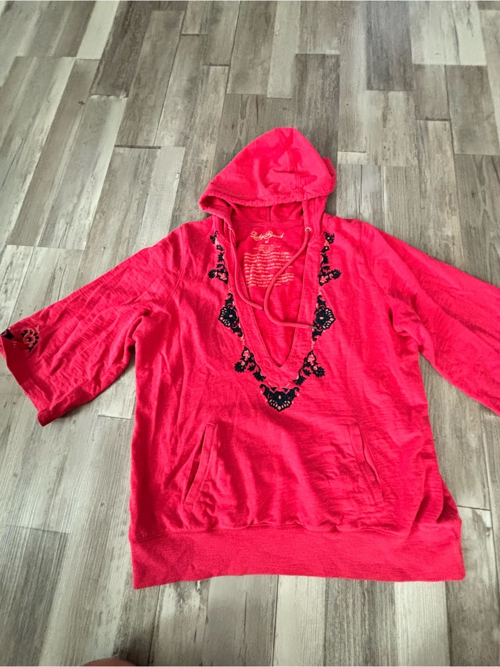 Lucky Brand Hot Pink Hooded V-Neck Sweater with Black Embroidery